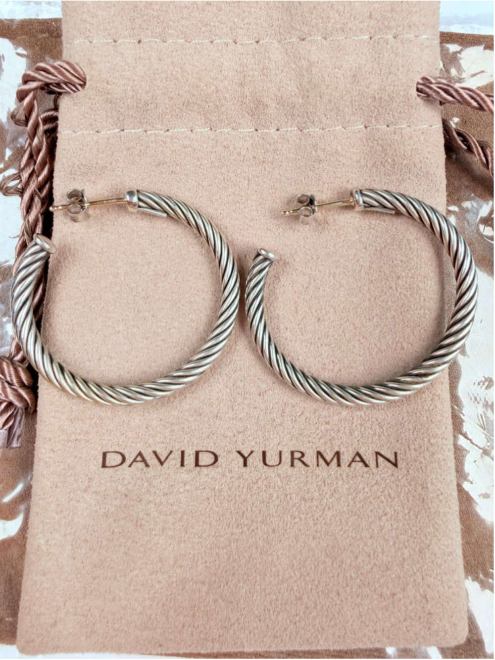 David Yurman 14k Yellow Gold & 925 Sterling Silver 1" Cable Hoop Earrings